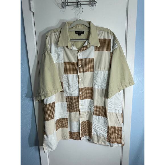 Vintage Koman Jeans Camp Shirt 2XL Tan Patchwork Grandpacore Fat Albert Retro - Picture 1 of 5